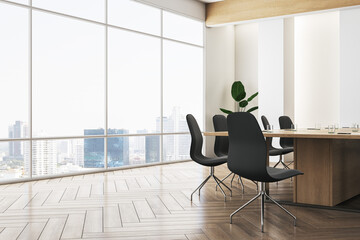 Clean meeting room interior with panoramic window and city view, furniture and wooden flooring. 3D Rendering.