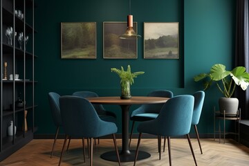 4 chairs, round table, green, dining area, painted blank wall, art, indigo, navy, dark blue, interior design, decorative shelves, restaurant, dim lighting, mod. Generative AI