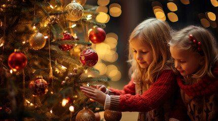 Obraz na płótnie Canvas Shining Bright: Children's Christmas Decorations on a Massive Tree , generated by IA