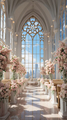 Sacred Serenity: A Majestic Church Aisle Adorned for a Wedding,interior of the church