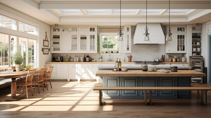 A bright roomy and contemporary farmhouse style kitchen - obrazy, fototapety, plakaty