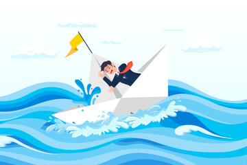 Panic businessman frustrated fix leaking water in sinking boat or ship, panic or fear in business crisis situation, frustrated or helpless bankruptcy, trouble and problem or time running out (Vector) - obrazy, fototapety, plakaty