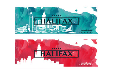 Canada Halifax city banner pack with abstract shapes of skyline, cityscape, landmarks and attractions. Nova Scotia town travel vector illustration set for brochure, website, page, presentation - obrazy, fototapety, plakaty