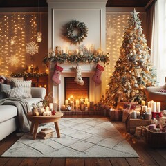 Fototapeta na wymiar Christmas holiday adorned cozy living room