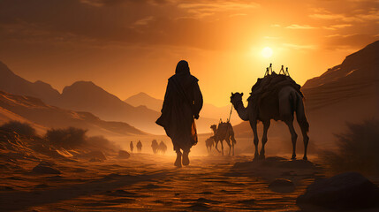 Camels caravan going in sahara desert