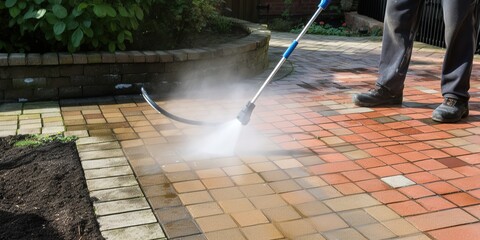Washing service - cleaning of block paving with a high pressure washer - obrazy, fototapety, plakaty