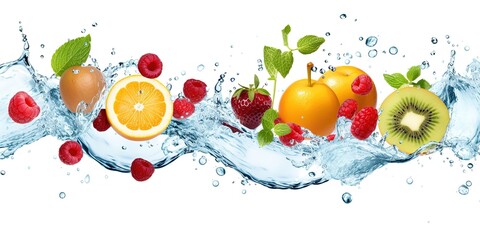 various fresh fruits with water splash isolated white background