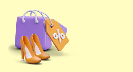 Purple bag, discount tag, high heels. Realistic vector composition in cartoon style. Concept on yellow background, place for text, logo, promotional price