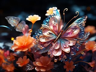 3D illustration of an abstract flower with a butterfly on a dark background generative ai