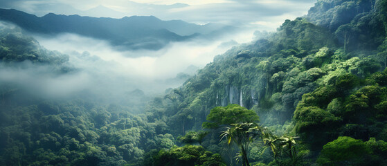 landscape in the fog, mountains and forrest