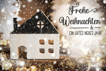 Text Frohe Weihnachten, Means Merry Christmas, House, Christmas Background - obrazy, fototapety, plakaty