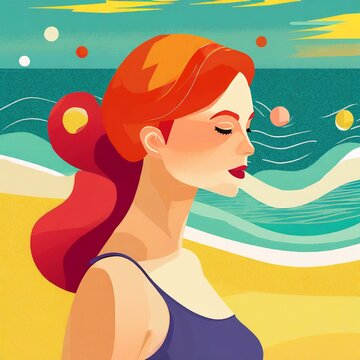 Woman at beach with red hair, simple painting digital art
