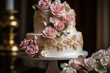 Obraz na płótnie Canvas Beautiful wedding cake adorned with sugar roses. Generative AI