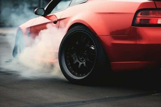 Sporty tire burning with smoke during drifting with fiery red brakes. Generative AI