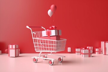 3D rendering of smartphone, shopping basket, and cart with present box. Concept of online shopping and sale. Generative AI