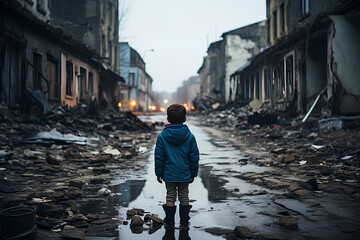Stop war, a child standing alone, in the middle of a street destroyed by a military bombing