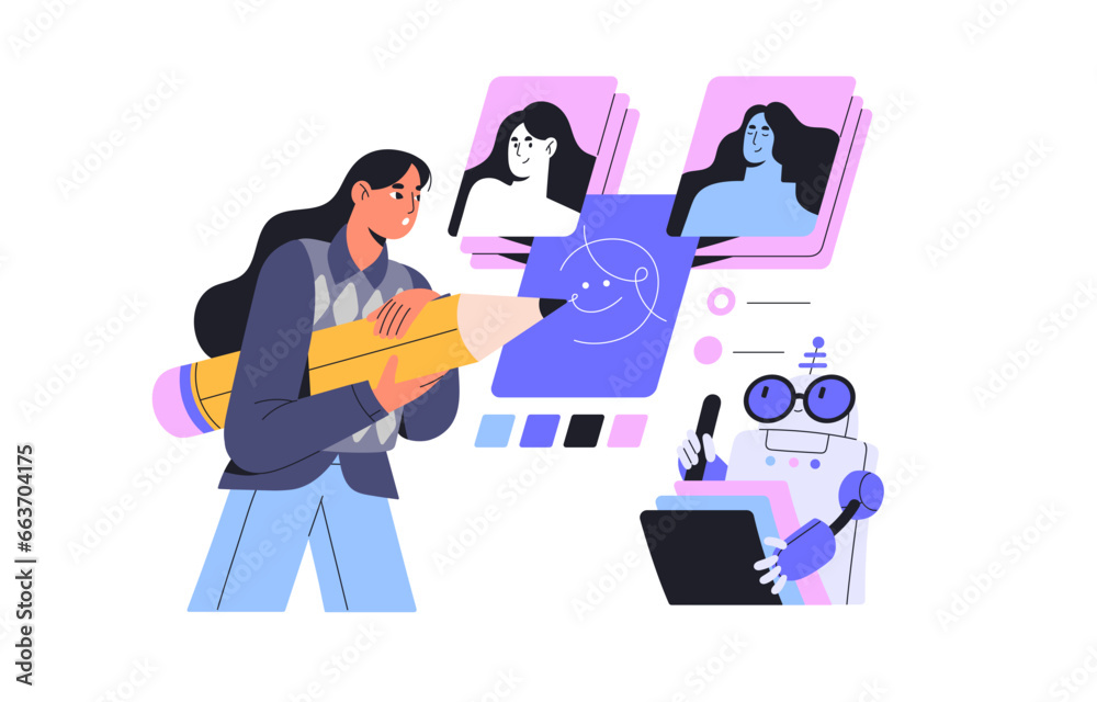 Poster machine learning, neural networks concept. illustrator drawing digital portrait using ai. robot help