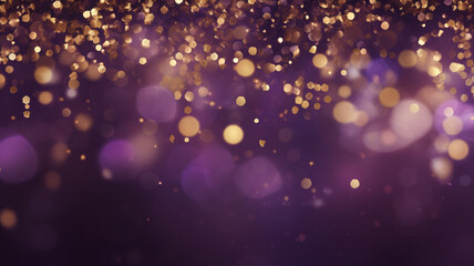 Glistening purple golden particles illuminate a dreamy backdrop of soft bokeh lights, exuding an aura of elegant enchantment and festive serenity.