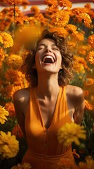 Marigold Merriment: A joyous scene where the model is captured clapping her hands in laughter, set against a vibrant marigold background