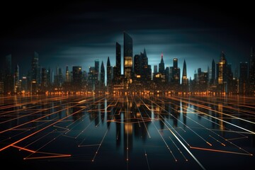 An abstract image featuring a city skyline at night overlaid with a circuit board-like digital grid, symbolizing the integration of technology into urban environments. Photorealistic illustration