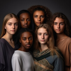 Fototapeta premium Photograph of several girls of different ethnicities on a gray background with different dresses.