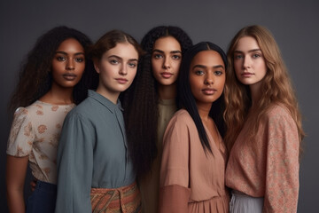 Fototapeta premium Photograph of several girls of different ethnicities on a gray background with different dresses.