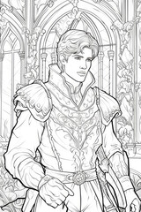 coloring page of a prince, lord, monarch or king in a line art hand drawn style for kids
