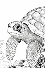 Fototapeta premium coloring page of a sea turtle in underweater scene line art hand drawn style for kids