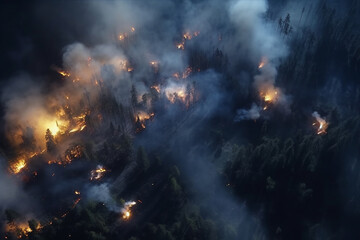 Fototapeta na wymiar Forest fire in progress. Fire. Large flames. a threat to our environment. Aerial view of massive wildfire or forest fire with burning trees and orange smoke. Generative AI.