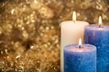 Obraz na płótnie Canvas Candles, Christmas Background, Golden Winter Decor