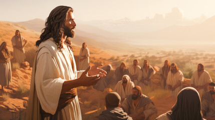 Illustration of Jesus Christ the Son of God teaching by parables and preaching to the people in the nature Generative AI