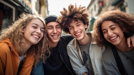 Happy group of teenagers spending time together in a group outdoors. Created with Generative Ai technology.