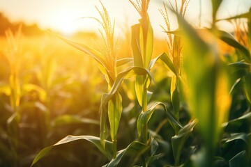 Corn field at sunset. Beautiful nature landscape with corn field at sunset.
