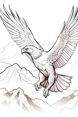 coloring page of an eagle or hawk in a line art hand drawn style for kids