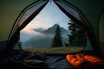 Camping at a campsite with sleeping bags, enjoying the serene landscape from inside a tent. Generative AI