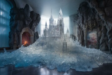 An ethereal castle made of crystals, with a shimmering room filled with opalescent gemstones and bright moss on rocks. The background resembles ice and water. Generative AI