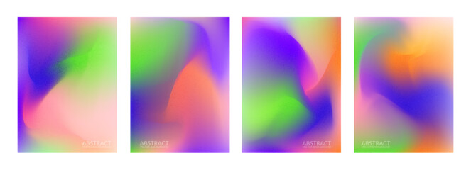 Abstract noise light blur gradient background. Color wallpaper grainy fluid effect. Holographic multicolor textured poster design. Bright granular dynamic grain. Purple green orange pink surface