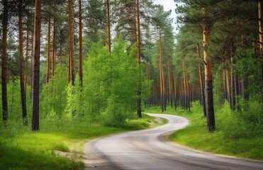 Fototapeta premium Beautiful spring landscape with road in the pine forest and green grass