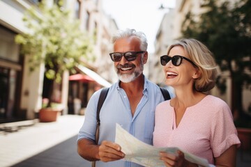 Senior couple, a man and woman looking for direction in the city, they are holding a map. Fun, friends, travel and tourism concept.