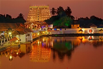 Sri Padmanabhaswamy Temple illuminated at Lakshadeepa festival, Murajapam festival, lighting of oil lamps, Kerala, India