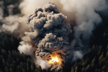 Forest fire in progress. Fire. Large flames. a threat to our environment. Aerial view of massive wildfire or forest fire with burning trees and orange smoke. Generative AI.