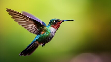 Wide-billed Hummingbird .Hummingbird, in flight facing away from the camera with colorful flowers...