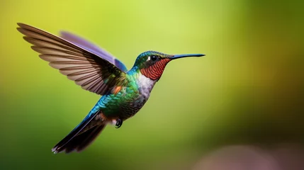 Foto op Plexiglas Wide-billed Hummingbird .Hummingbird, in flight facing away from the camera with colorful flowers in the background. © ellisa_studio