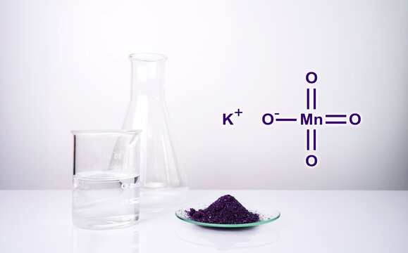 Potassium permanganate (KMnO4) with chemical structure, a common chemical compound that combines manganese oxide ore with potassium hydroxide.
