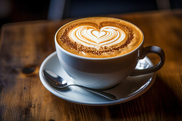 A white mug of delicious fresh cappuccino. Inside is a cream heart