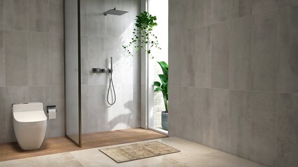 Luxury bathroom with shower enclosure, reeded glass partition, toilet in sunlight from window by...