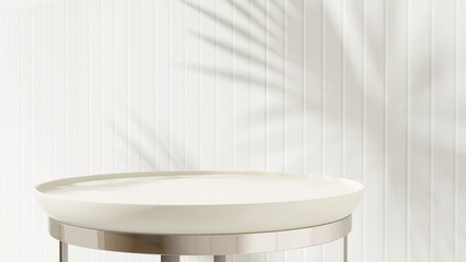 White round glossy pedestal side table podium, steel leg in sunlight, palm leaf shadow on wood...