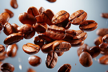 Obraz premium View of fresh fragrant coffee beans levitating in the air