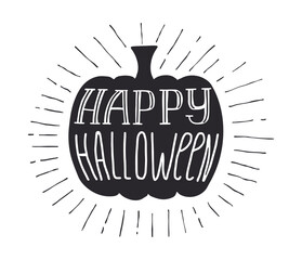 Lettering Happy Halloween in a pumpkin silhouette with ray lines. Cartoon illustration in doodle style. Isolated on white background