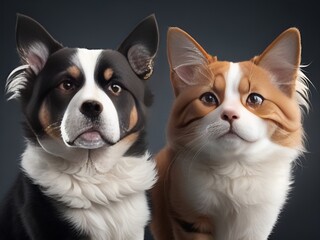 Black and white mixed breed cat and an happy border collie dog panting on blue background